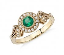 Emerald Round & 0.19Ct Round Brilliant Diamond Half Eternity Ring In 18K Yellow Gold